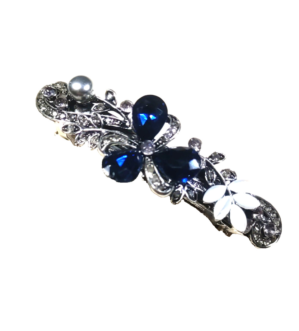 Hair Barrette Tension Clip Blue Rhinestone Silver Tone Faux Pearl Silver...